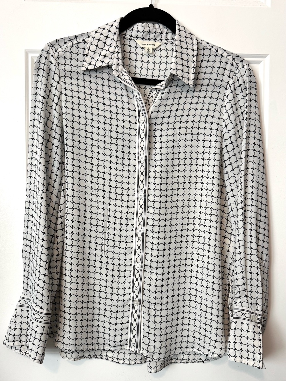 Max Studio White Black Geometric Print Blouse Women's S Long Sleeve Career Top